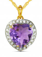 18K Gold Heart Cut Amethyst Genuine Diamonds Necklace 0.14 Carat