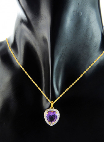 18K Gold Heart Cut Amethyst Genuine Diamonds Necklace 0.14 Carat
