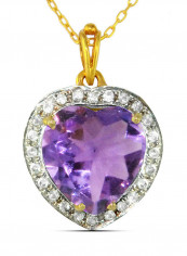 18K Gold Heart Cut Amethyst Genuine Diamonds Necklace 0.14 Carat