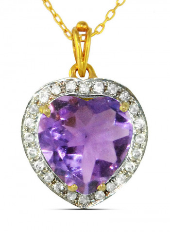 18K Gold Heart Cut Amethyst Genuine Diamonds Necklace 0.14 Carat