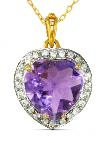 18K Gold Heart Cut Amethyst Genuine Diamonds Necklace 0.14 Carat