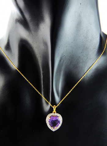 18K Gold Heart Cut Amethyst Genuine Diamonds Necklace 0.14 Carat