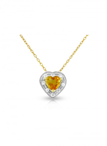 18K Solid Gold And 0.08Cts Diamonds And 5mm Genuine Citrine Heart Necklace