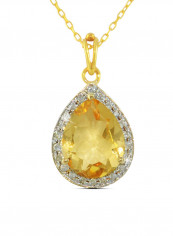 18K Gold Genuine Diamond Drop Cut Citrine Pendant Necklace 0.12 Carat