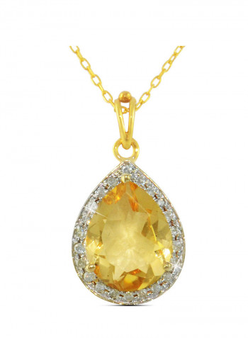 18K Gold Genuine Diamond Drop Cut Citrine Pendant Necklace 0.12 Carat
