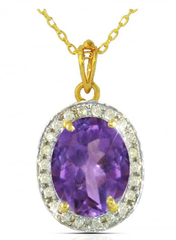 18K Gold Genuine Diamond Oval Cut Amethyst Pendant Necklace 0.12 Carat