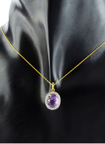 18K Gold Genuine Diamond Oval Cut Amethyst Pendant Necklace 0.12 Carat