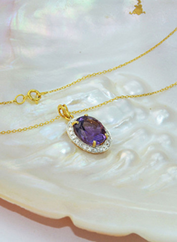 18K Gold Genuine Diamond Oval Cut Amethyst Pendant Necklace 0.12 Carat