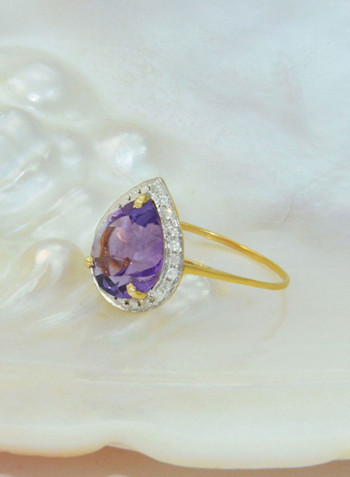 18 Karat Gold Genuine Diamond Drop Cut Amethyst Ring