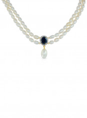 18K Gold Diamonds Oval Sapphire And Pearl Necklace 0.12 Carat