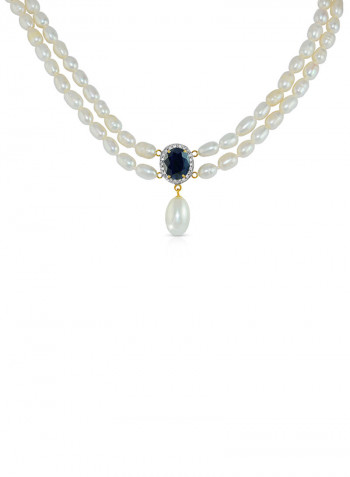 18K Gold Diamonds Oval Sapphire And Pearl Necklace 0.12 Carat