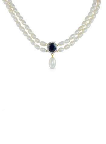 18K Gold Diamonds Oval Sapphire And Pearl Necklace 0.12 Carat