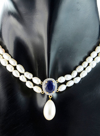 18K Gold Diamonds Oval Sapphire And Pearl Necklace 0.12 Carat