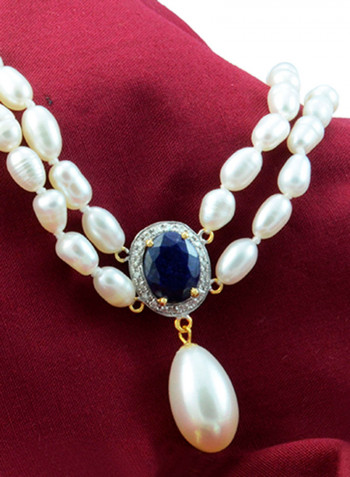 18K Gold Diamonds Oval Sapphire And Pearl Necklace 0.12 Carat