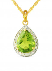 18K Gold Genuine Diamond Drop Cut Peridot Pendant Necklace 0.12 Carat