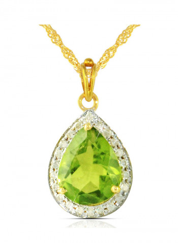 18K Gold Genuine Diamond Drop Cut Peridot Pendant Necklace 0.12 Carat