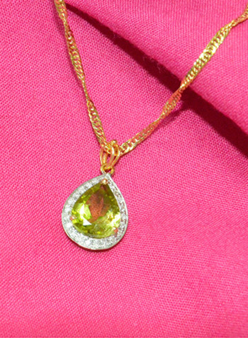 18K Gold Genuine Diamond Drop Cut Peridot Pendant Necklace 0.12 Carat