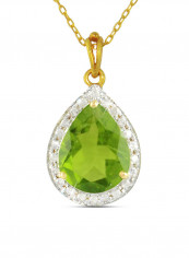 18K Gold Genuine Diamond Drop Cut Peridot Pendant Necklace 0.12 Carat