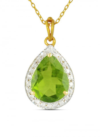 18K Gold Genuine Diamond Drop Cut Peridot Pendant Necklace 0.12 Carat