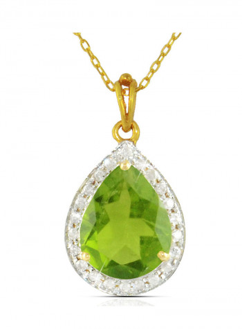 18K Gold Genuine Diamond Drop Cut Peridot Pendant Necklace 0.12 Carat