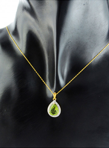 18K Gold Genuine Diamond Drop Cut Peridot Pendant Necklace 0.12 Carat