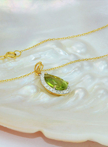 18K Gold Genuine Diamond Drop Cut Peridot Pendant Necklace 0.12 Carat