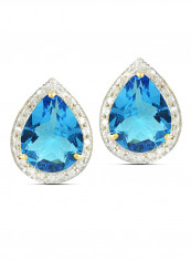 18K Gold Genuine Diamond Swiss Blue Topaz Earrings 0.24 Carat
