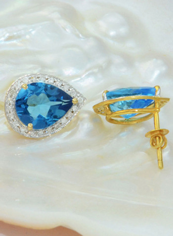 18K Gold Genuine Diamond Swiss Blue Topaz Earrings 0.24 Carat