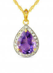 18K Gold Genuine Diamond Drop Cut Amethyst Pendant Necklace 0.12 Carat