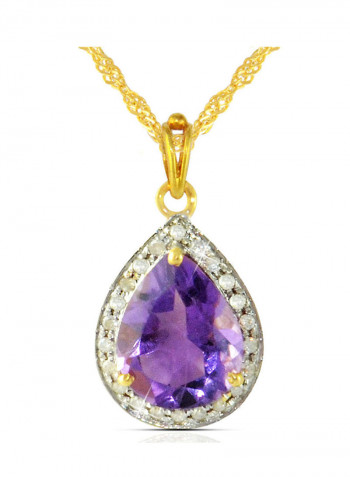 18K Gold Genuine Diamond Drop Cut Amethyst Pendant Necklace 0.12 Carat