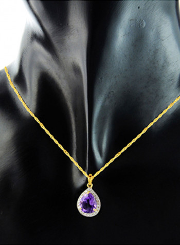 18K Gold Genuine Diamond Drop Cut Amethyst Pendant Necklace 0.12 Carat
