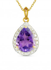 18K Gold Genuine Diamond Drop Cut Amethyst Pendant Necklace 0.12 Carat