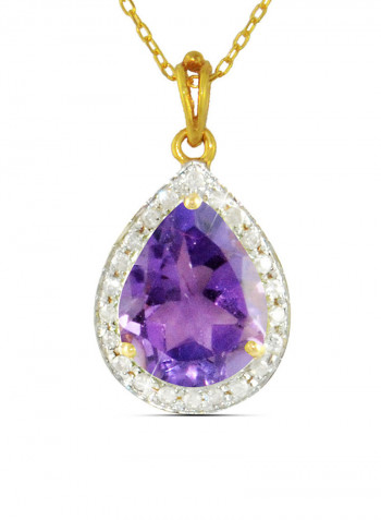 18K Gold Genuine Diamond Drop Cut Amethyst Pendant Necklace 0.12 Carat