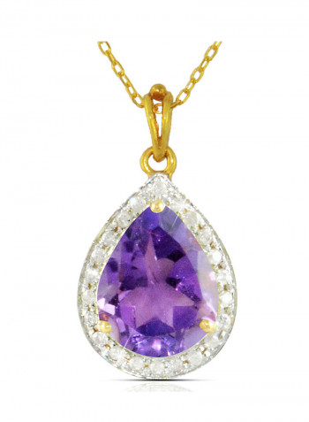 18K Gold Genuine Diamond Drop Cut Amethyst Pendant Necklace 0.12 Carat