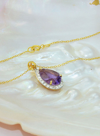 18K Gold Genuine Diamond Drop Cut Amethyst Pendant Necklace 0.12 Carat