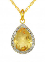 18K Gold Genuine Diamond Drop Cut Citrine Pendant Necklace 0.12 Carat