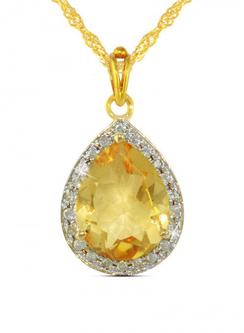 18K Gold Genuine Diamond Drop Cut Citrine Pendant Necklace 0.12 Carat