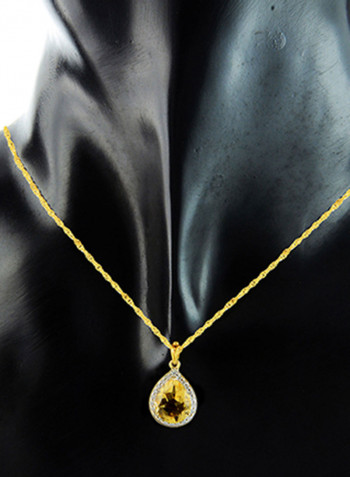 18K Gold Genuine Diamond Drop Cut Citrine Pendant Necklace 0.12 Carat