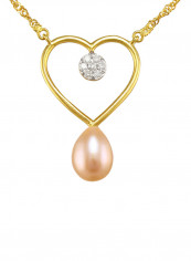 18 Karat Gold 0.07 ct Genuine Diamond And Pearl Heart Pendant Necklace