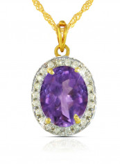 18K Gold Genuine Diamond Oval Cut Amethyst Pendant Necklace 0.12 Carat