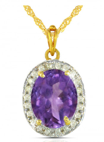 18K Gold Genuine Diamond Oval Cut Amethyst Pendant Necklace 0.12 Carat