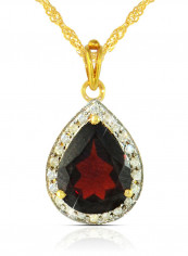 18K Gold Genuine Diamond Drop Cut Garnet Pendant Necklace 0.12 Carat