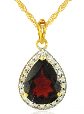 18K Gold Genuine Diamond Drop Cut Garnet Pendant Necklace 0.12 Carat