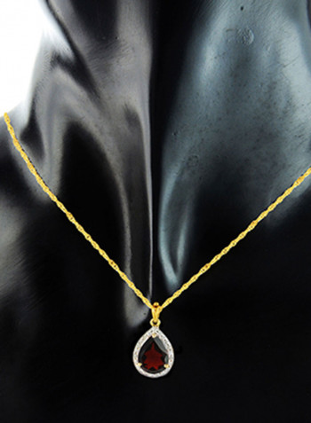 18K Gold Genuine Diamond Drop Cut Garnet Pendant Necklace 0.12 Carat