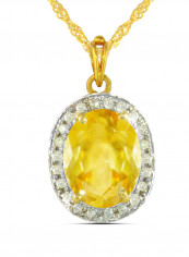 18K Gold Genuine Diamond Oval Cut Citrine Pendant Necklace 0.12 Carat