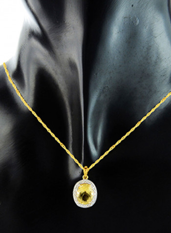 18K Gold Genuine Diamond Oval Cut Citrine Pendant Necklace 0.12 Carat