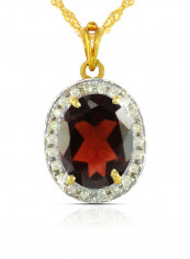 18K Gold Genuine Diamond Oval Cut Garnet Pendant Necklace 0.12 Carat