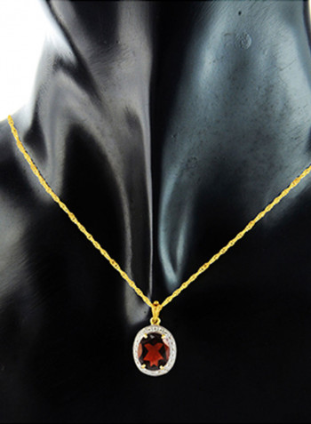 18K Gold Genuine Diamond Oval Cut Garnet Pendant Necklace 0.12 Carat