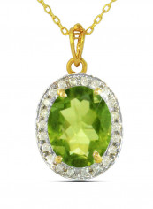 18K Gold Genuine Diamond Oval Cut Peridot Pendant Necklace 0.12 Carat