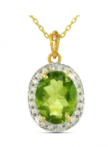 18K Gold Genuine Diamond Oval Cut Peridot Pendant Necklace 0.12 Carat